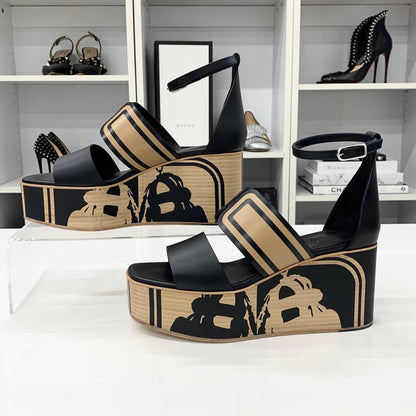 Hermes Charis Leather Wedge Sole Sandals Black