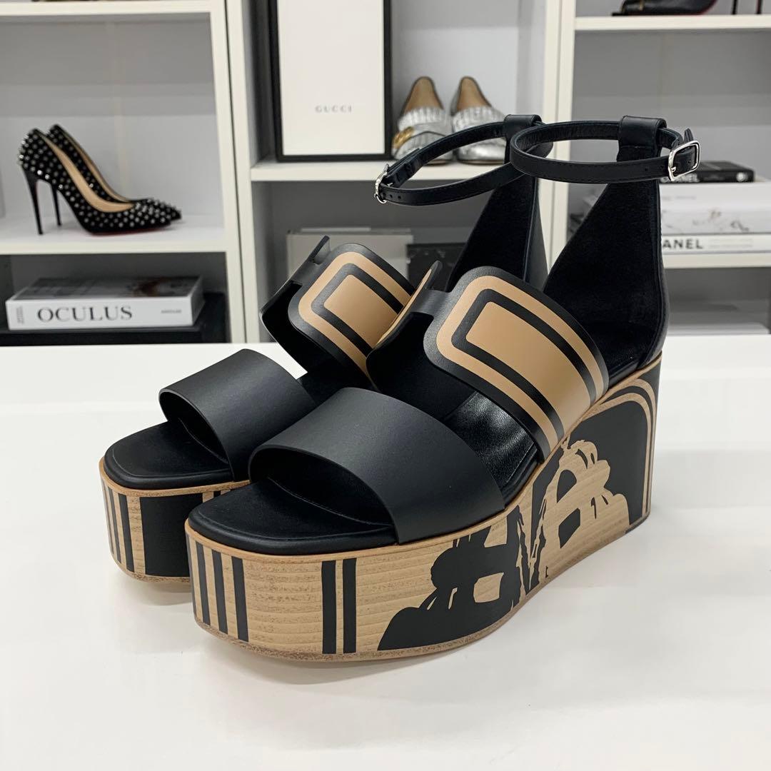 Hermes Charis Leather Wedge Sole Sandals Black