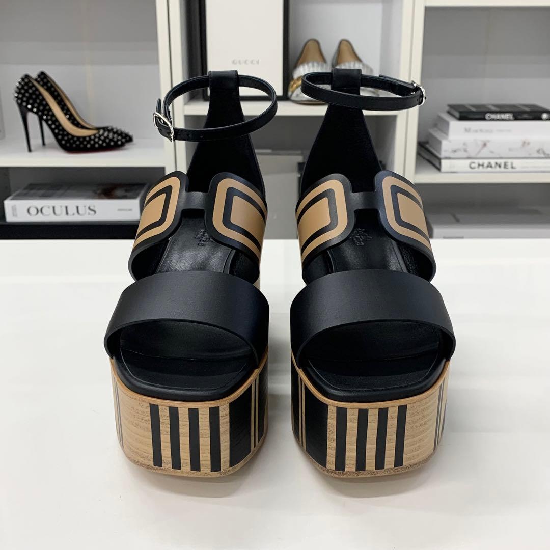 Hermes Charis Leather Wedge Sole Sandals Black
