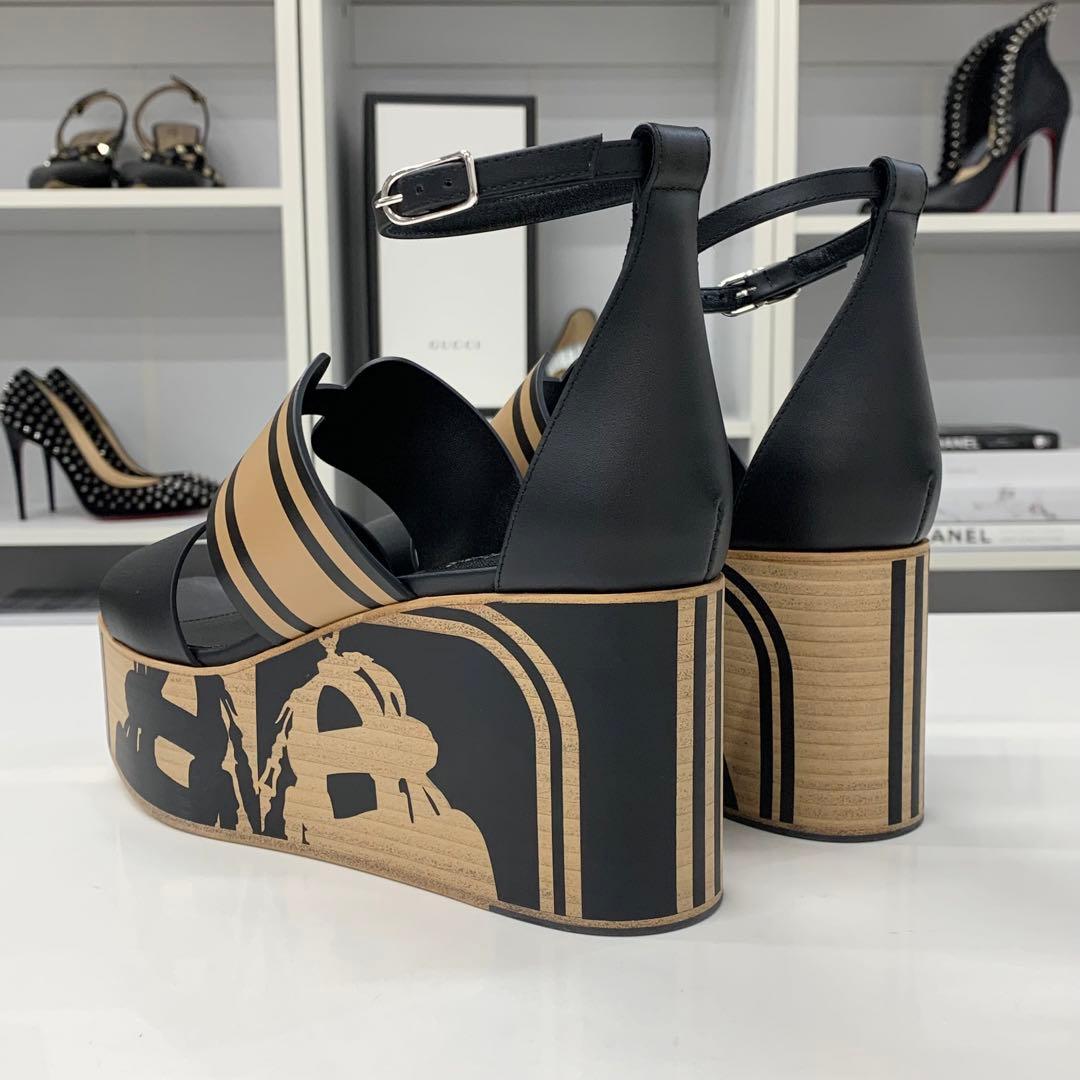 Hermes Charis Leather Wedge Sole Sandals Black
