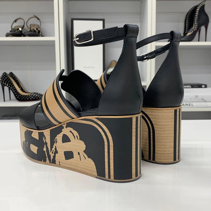 Hermes Charis Leather Wedge Sole Sandals Black