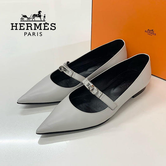 Hermes Kelly Leather Flat Pumps Light Gray