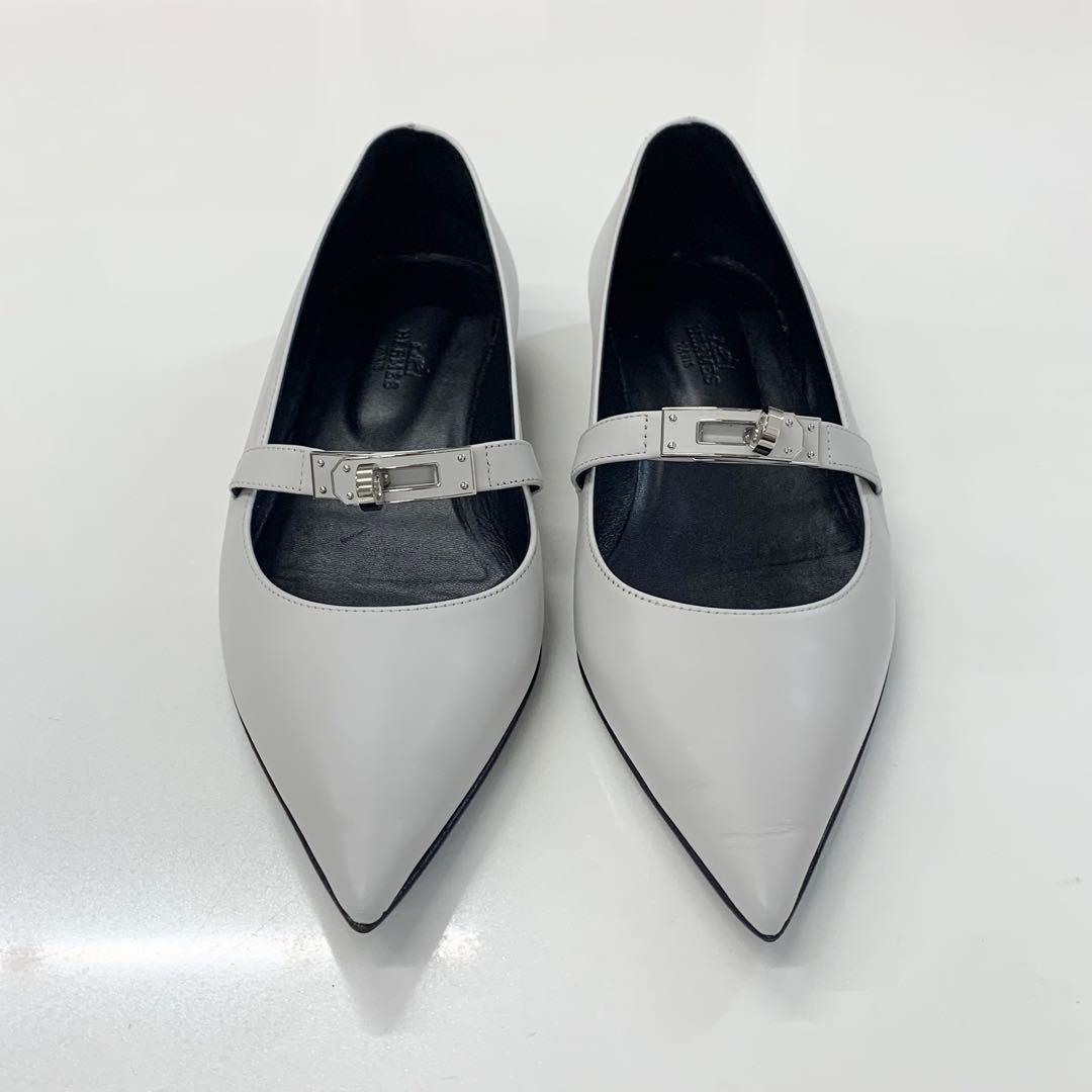 Hermes Kelly Leather Flat Pumps Light Gray — view 2