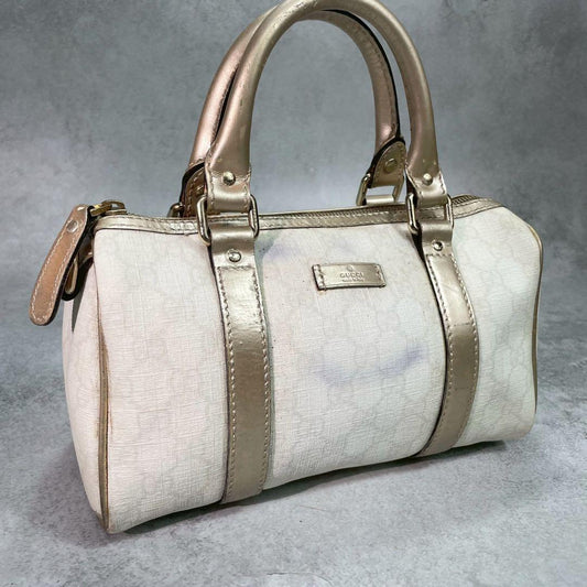 Gucci GG Boston Bag White Gold Logo Leather