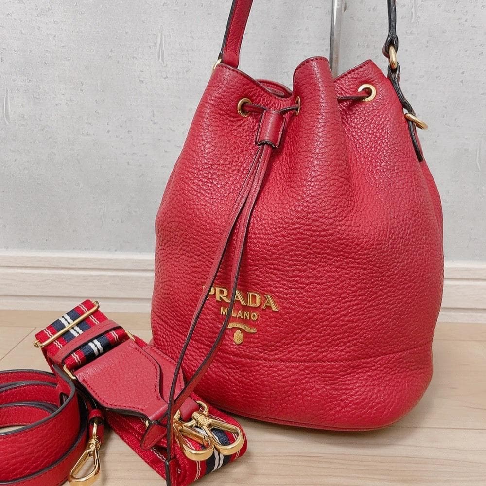 Prada Vitello Daino Drawstring 2-Way Leather Bucket Bag Red — view 2