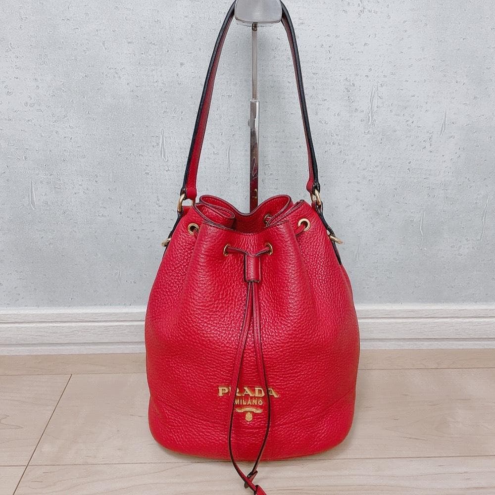 Prada Vitello Daino Drawstring 2-Way Leather Bucket Bag Red — view 3