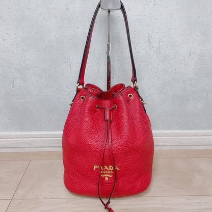 Prada Vitello Daino Drawstring 2-Way Leather Bucket Bag Red — view 3