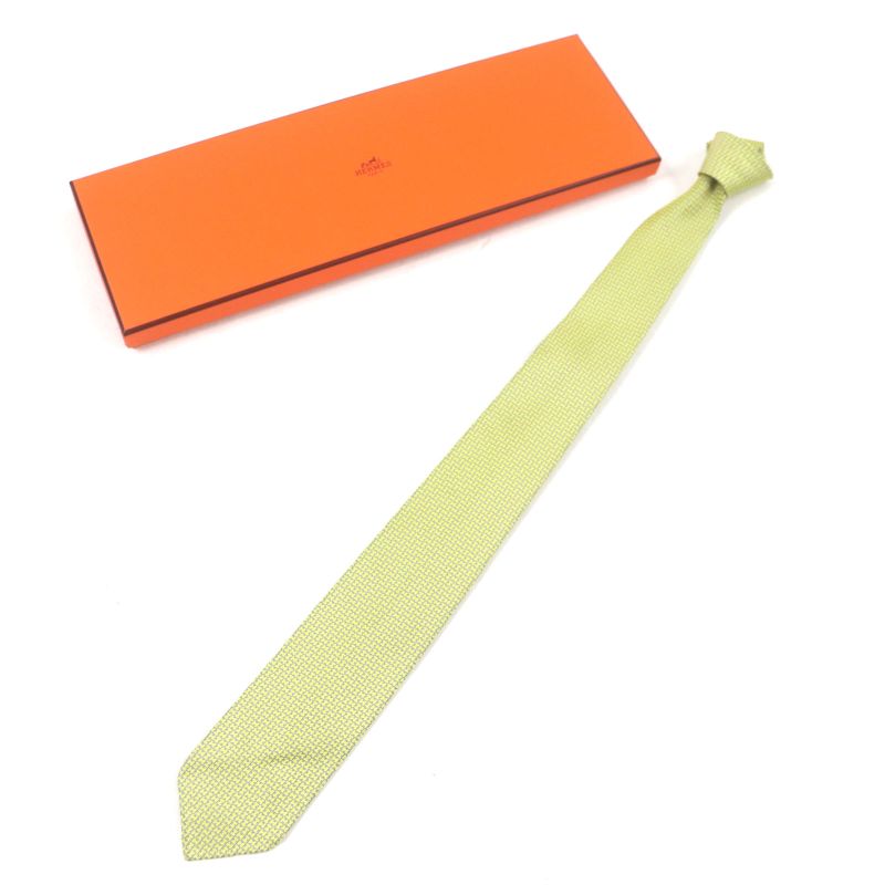 Hermes 100% Silk H Motif All Over Tie Yellow With Box Made In France Men's