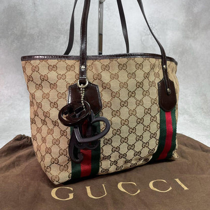 Gucci GG Sherry Line Tote Bag Brown Leather Charm