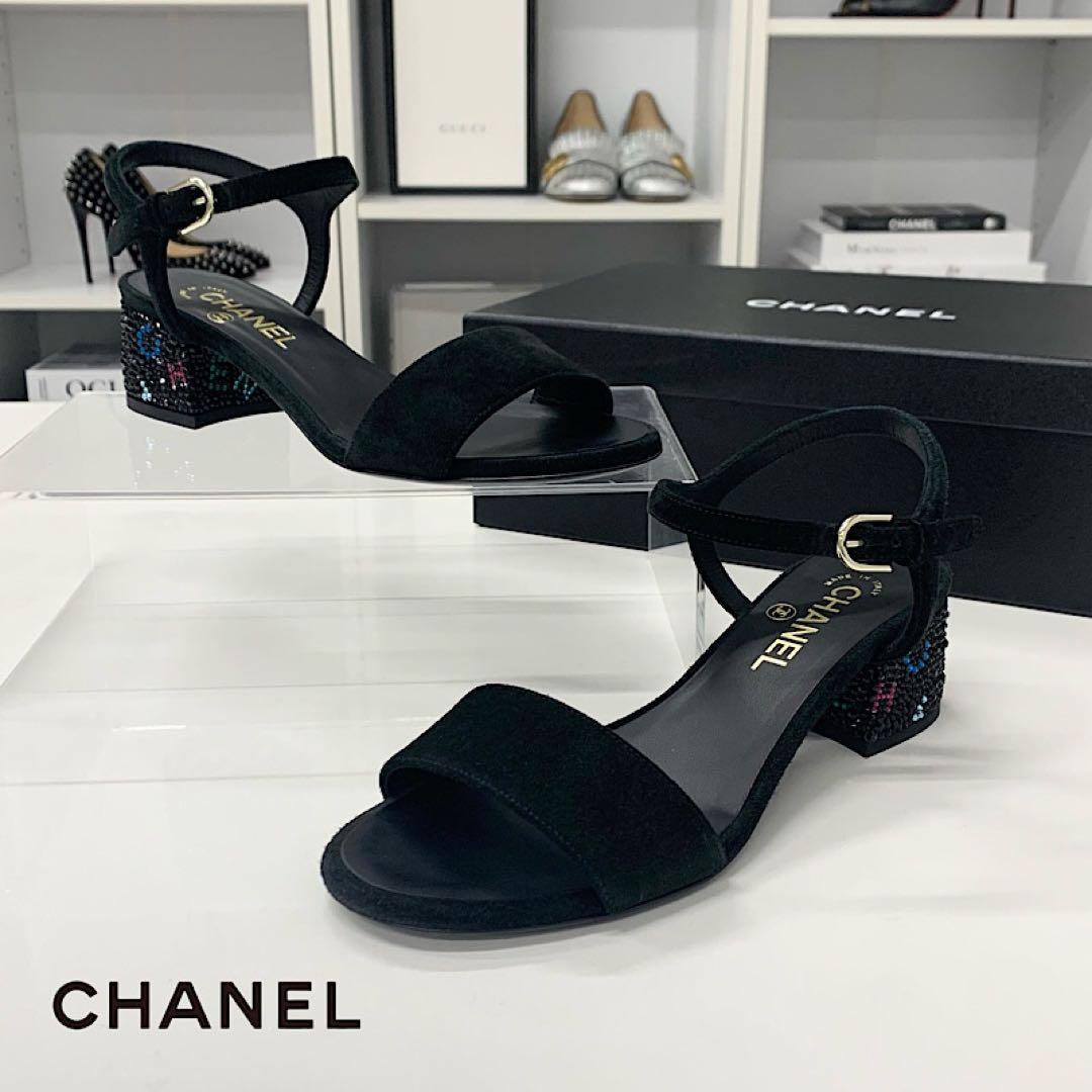 Chanel CC Logo Rhinestone Suede Strap Sandals Black