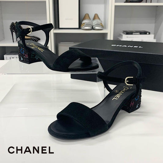 Chanel CC Logo Rhinestone Suede Strap Sandals Black