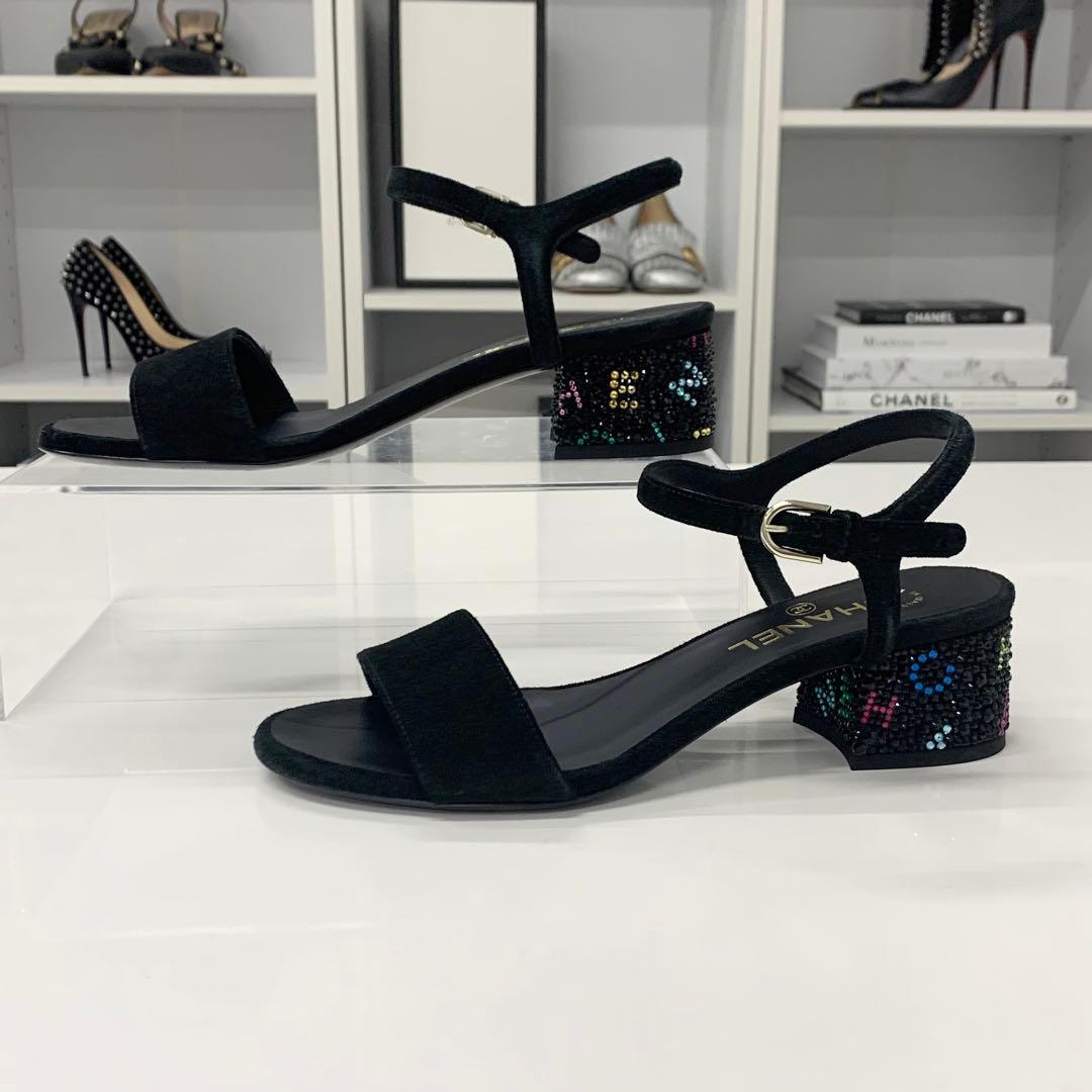 Chanel CC Logo Rhinestone Suede Strap Sandals Black — view 2