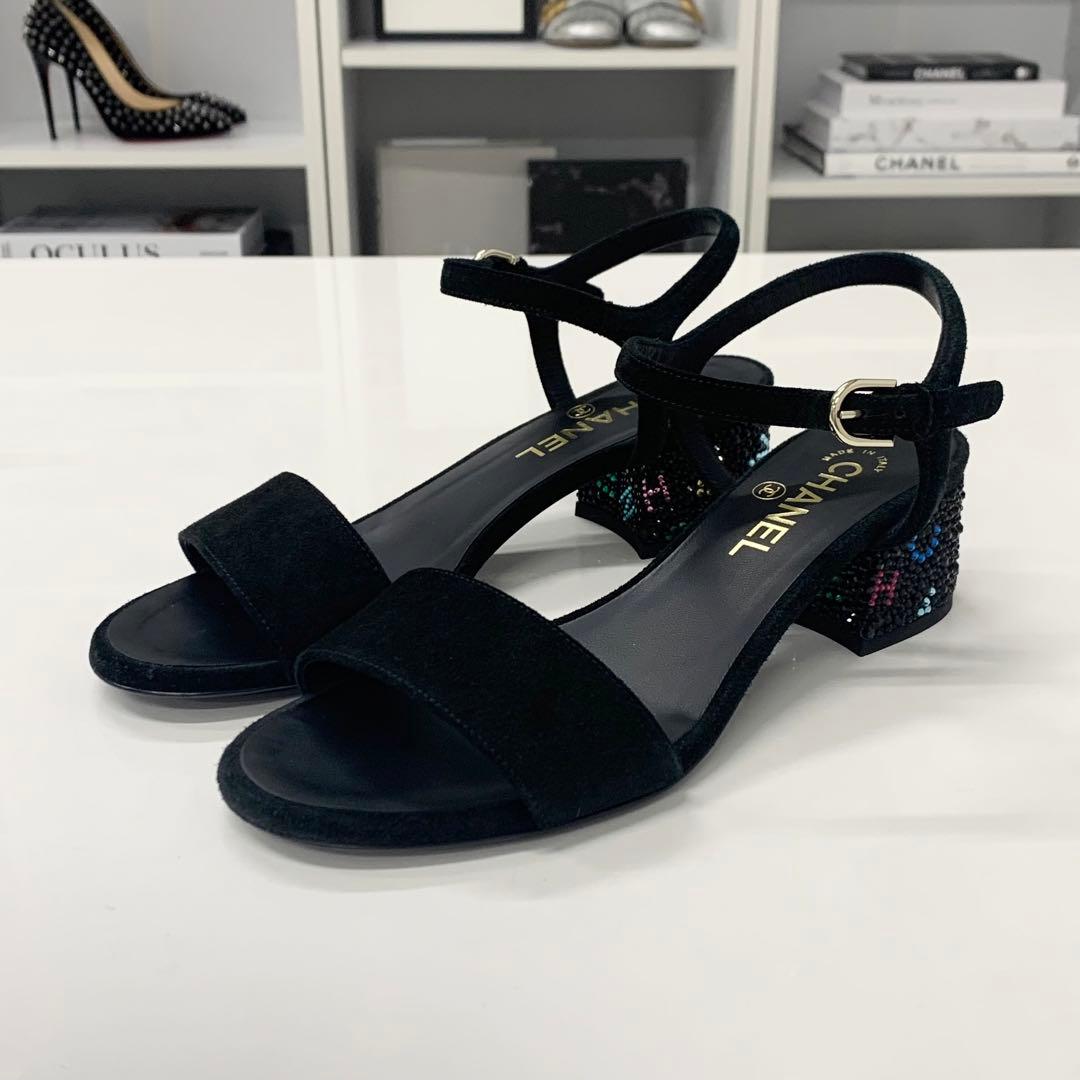 Chanel CC Logo Rhinestone Suede Strap Sandals Black — view 3