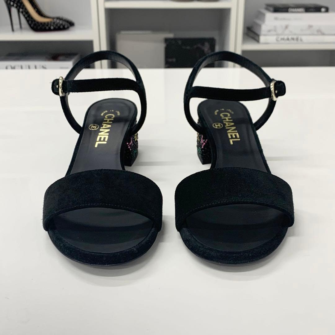 Chanel CC Logo Rhinestone Suede Strap Sandals Black — view 4