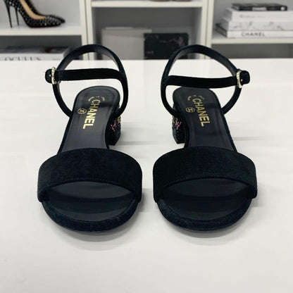 Chanel CC Logo Rhinestone Suede Strap Sandals Black — view 4