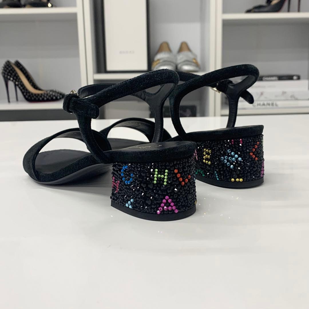 Chanel CC Logo Rhinestone Suede Strap Sandals Black — view 5