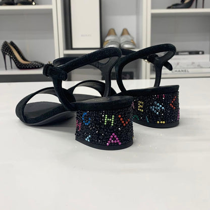 Chanel CC Logo Rhinestone Suede Strap Sandals Black — view 5