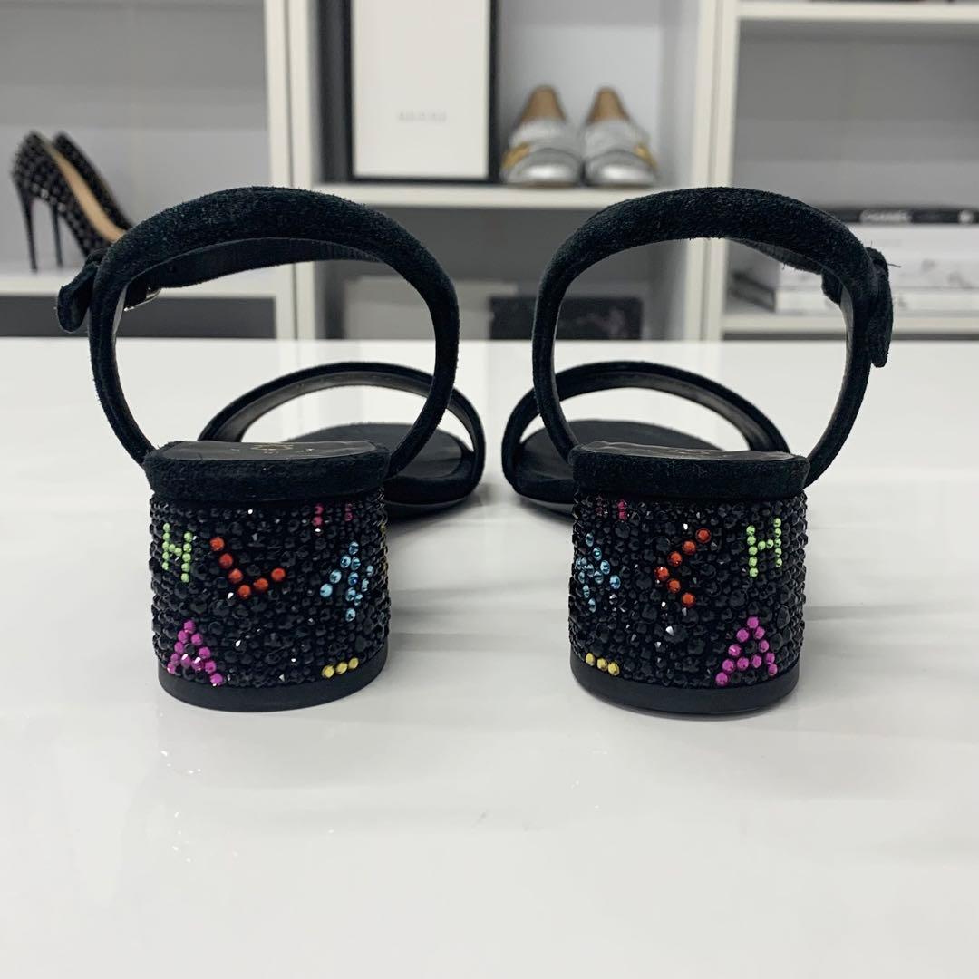 Chanel CC Logo Rhinestone Suede Strap Sandals Black — view 6