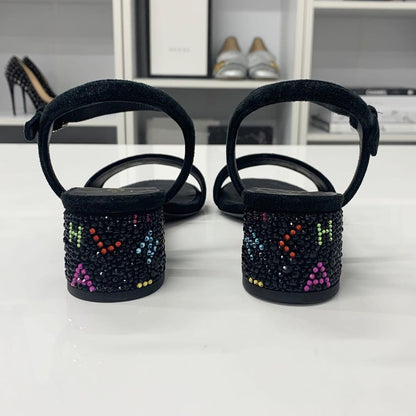 Chanel CC Logo Rhinestone Suede Strap Sandals Black — view 6