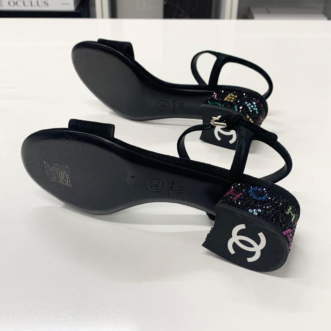 Chanel CC Logo Rhinestone Suede Strap Sandals Black — view 7