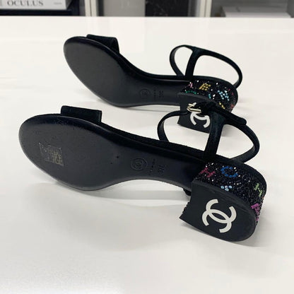 Chanel CC Logo Rhinestone Suede Strap Sandals Black — view 7