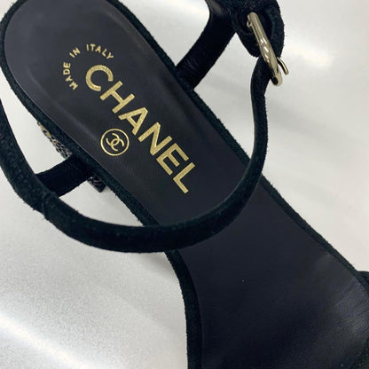 Chanel CC Logo Rhinestone Suede Strap Sandals Black — view 8