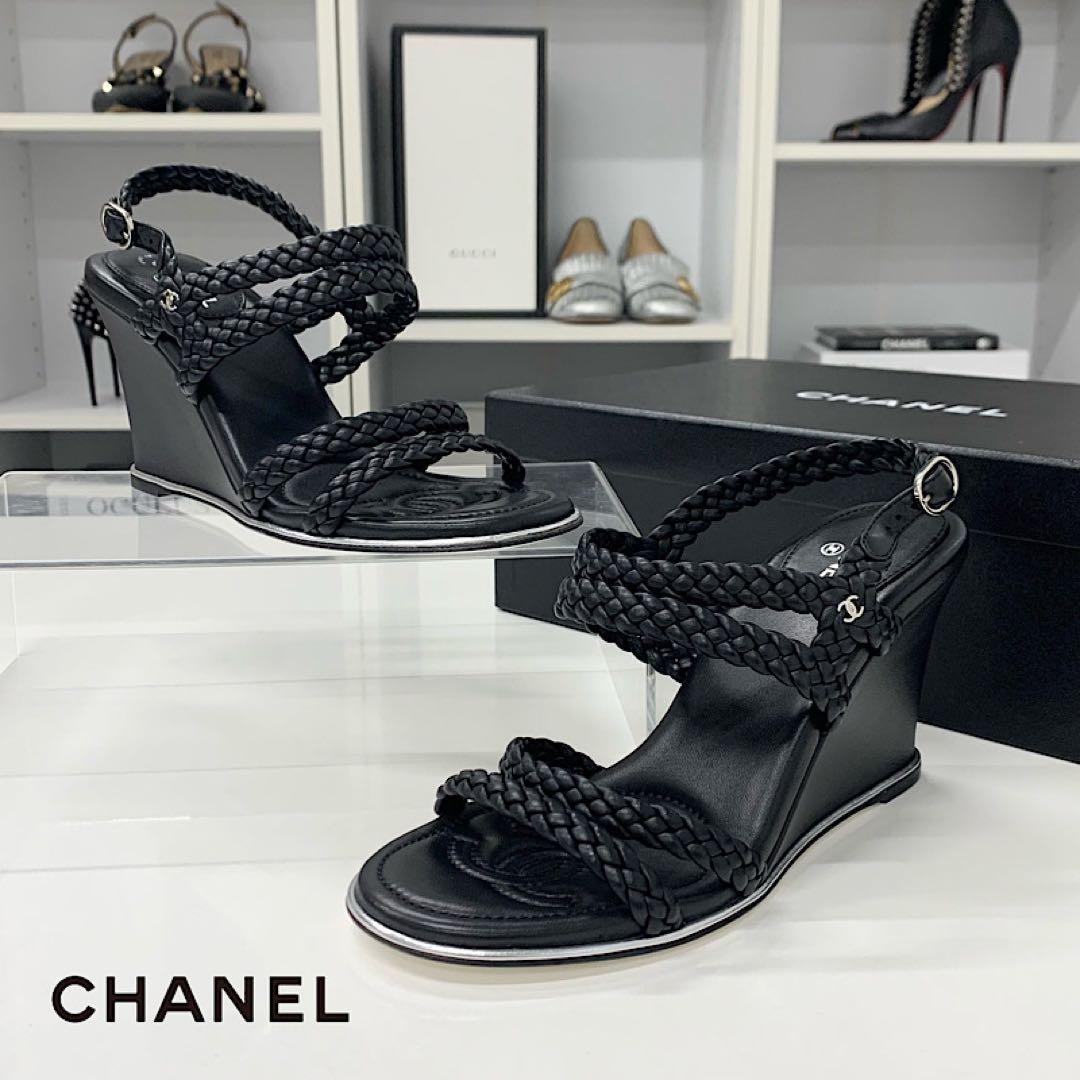 Chanel CC Logo Braided Leather Wedge Sole Sandals Black