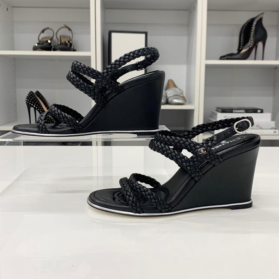Chanel CC Logo Braided Leather Wedge Sole Sandals Black — view 2