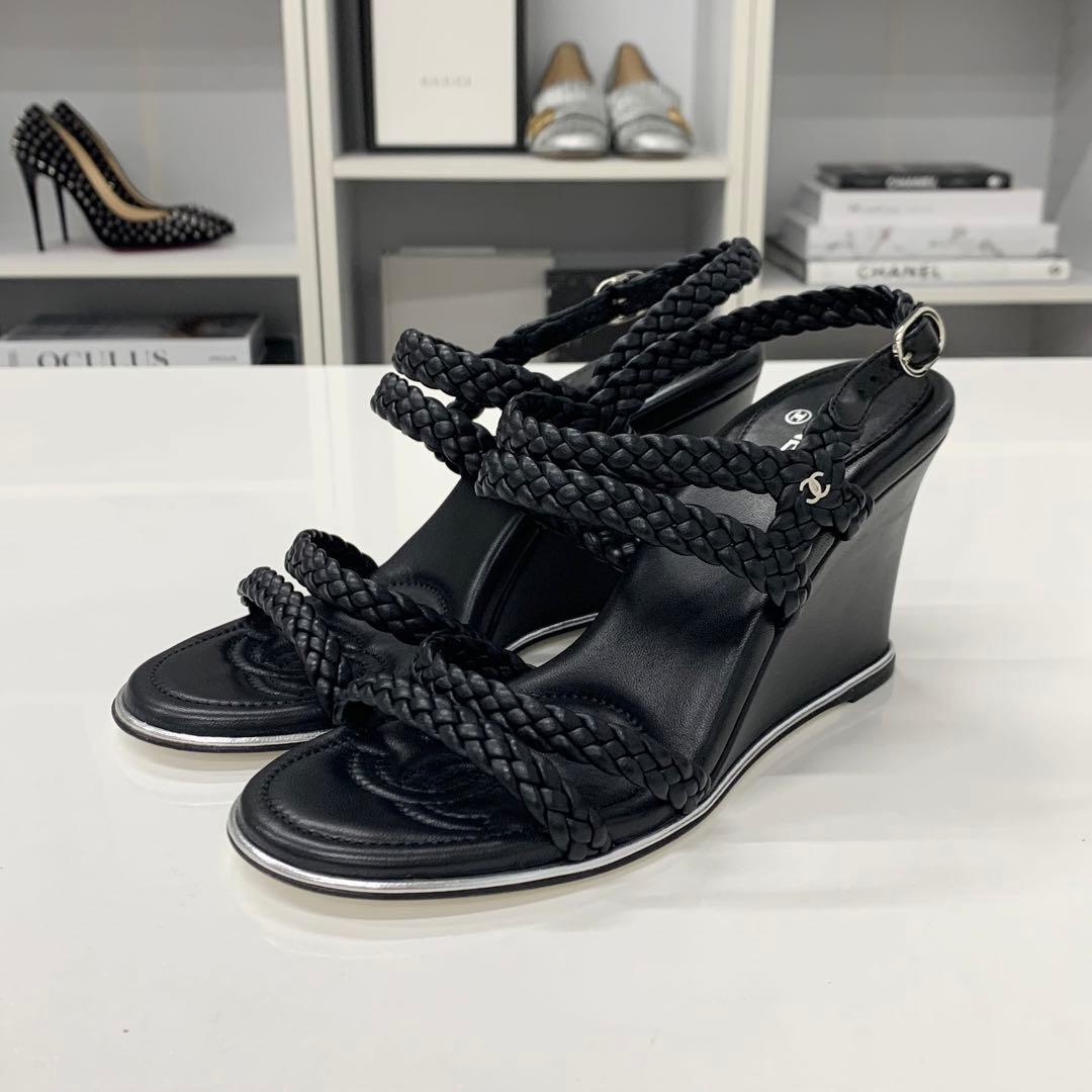 Chanel CC Logo Braided Leather Wedge Sole Sandals Black — view 3