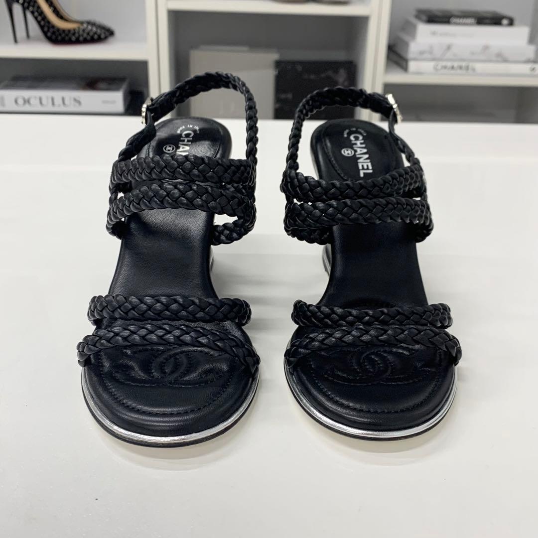 Chanel CC Logo Braided Leather Wedge Sole Sandals Black — view 4