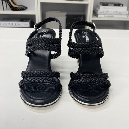 Chanel CC Logo Braided Leather Wedge Sole Sandals Black — view 4