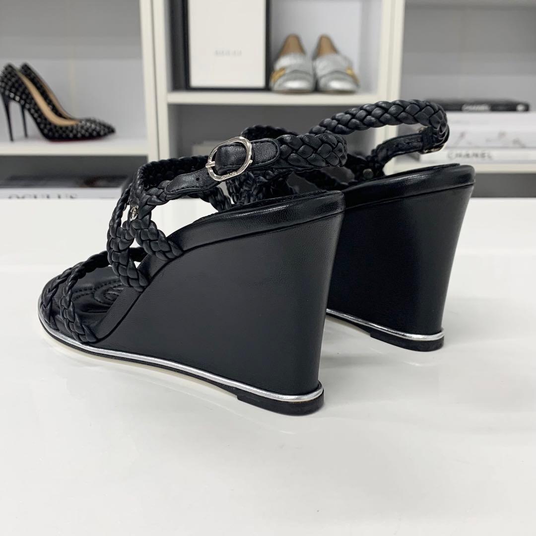 Chanel CC Logo Braided Leather Wedge Sole Sandals Black — view 5