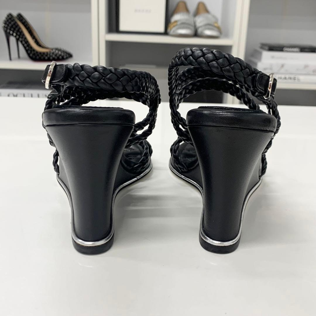Chanel CC Logo Braided Leather Wedge Sole Sandals Black — view 6