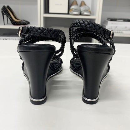 Chanel CC Logo Braided Leather Wedge Sole Sandals Black — view 6