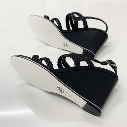 Chanel CC Logo Braided Leather Wedge Sole Sandals Black — view 7