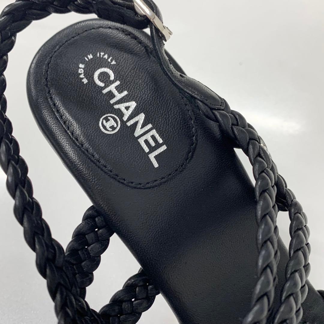 Chanel CC Logo Braided Leather Wedge Sole Sandals Black — view 8
