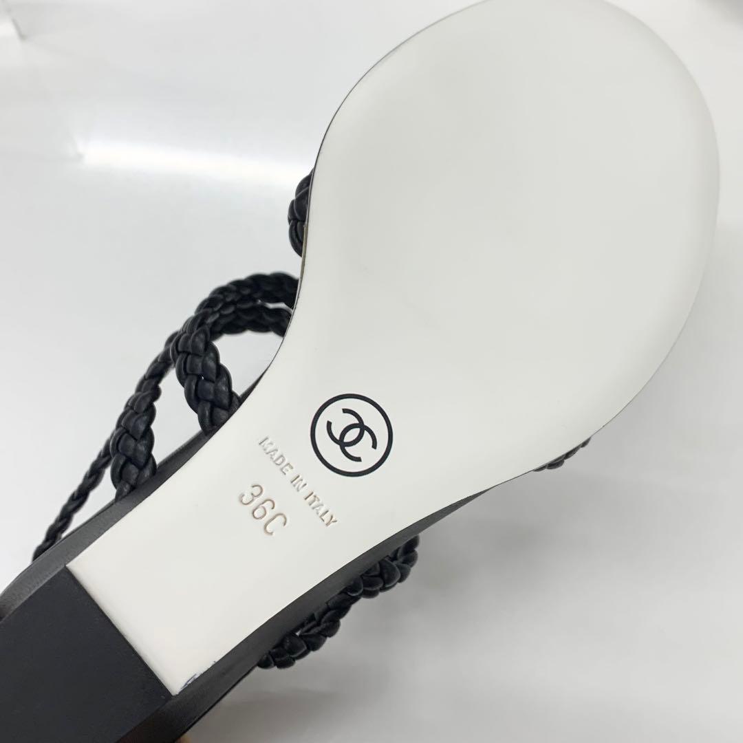 Chanel CC Logo Braided Leather Wedge Sole Sandals Black — view 9