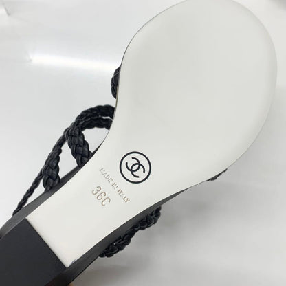 Chanel CC Logo Braided Leather Wedge Sole Sandals Black — view 9