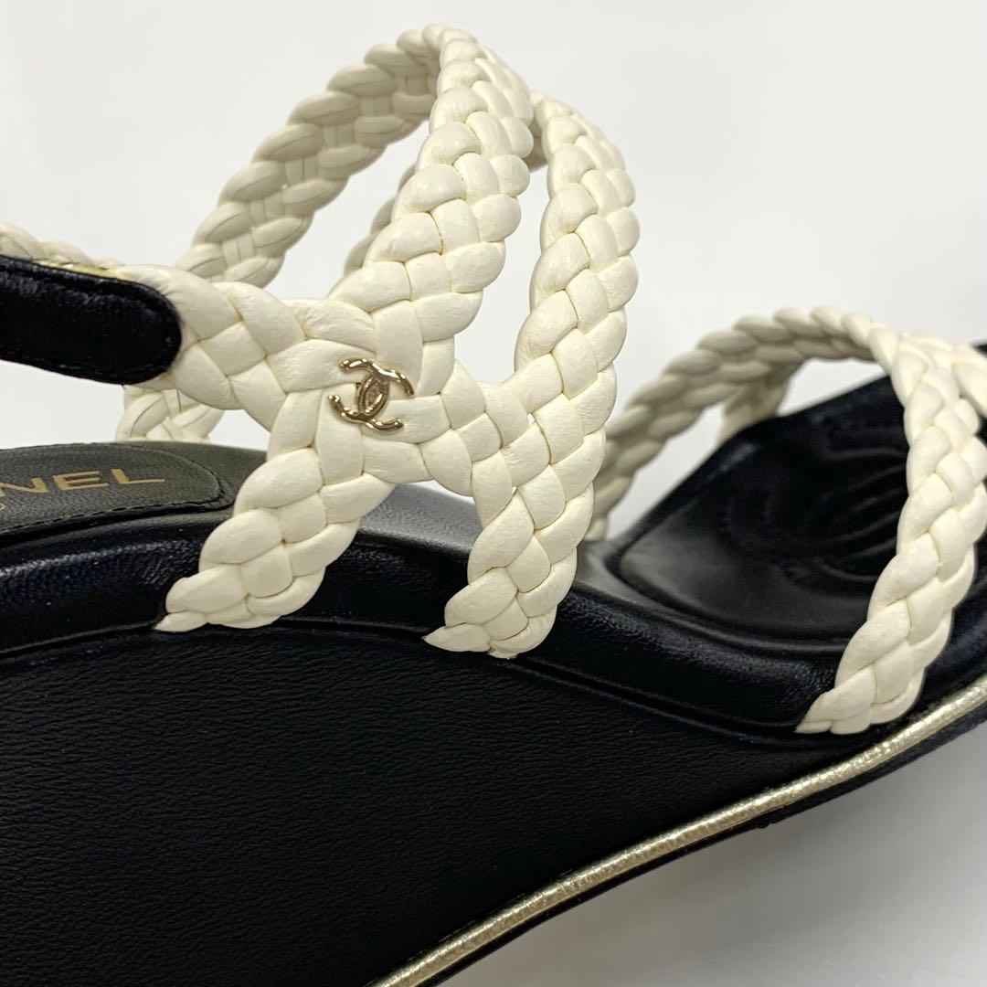 Chanel Lambskin Coco Mark Braided Wedge Sole Sandals White