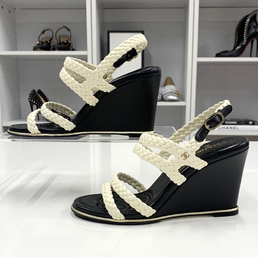 Chanel Lambskin Coco Mark Braided Wedge Sole Sandals White