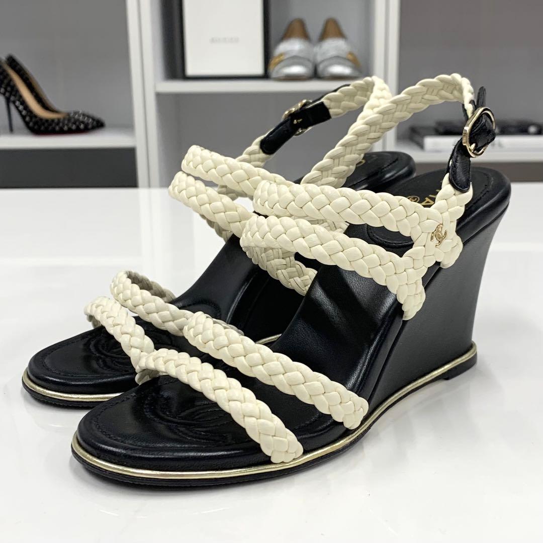 Chanel Lambskin Coco Mark Braided Wedge Sole Sandals White