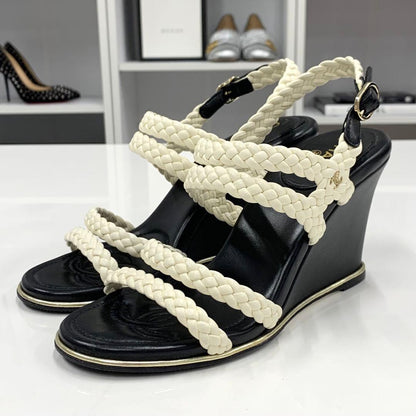 Chanel Lambskin Coco Mark Braided Wedge Sole Sandals White