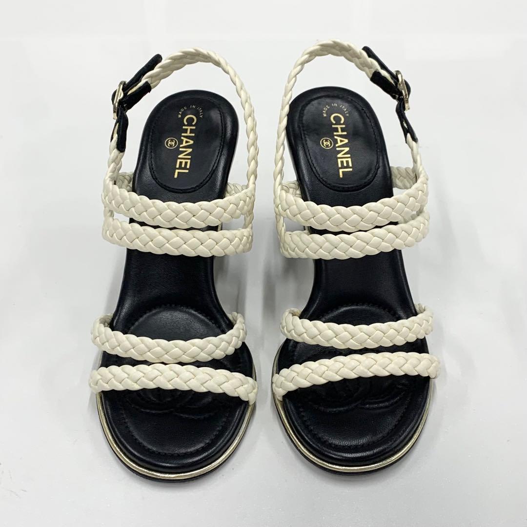 Chanel Lambskin Coco Mark Braided Wedge Sole Sandals White