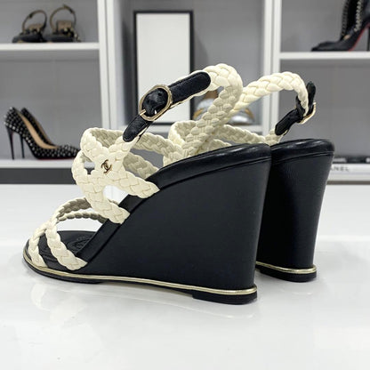 Chanel Lambskin Coco Mark Braided Wedge Sole Sandals White