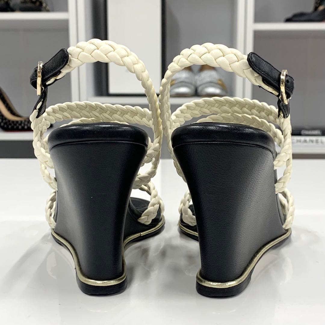 Chanel Lambskin Coco Mark Braided Wedge Sole Sandals White
