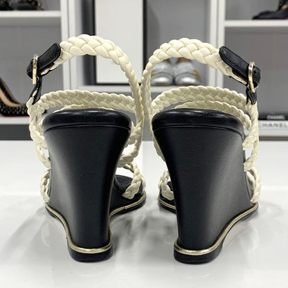 Chanel Lambskin Coco Mark Braided Wedge Sole Sandals White