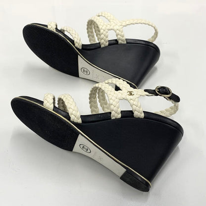 Chanel Lambskin Coco Mark Braided Wedge Sole Sandals White