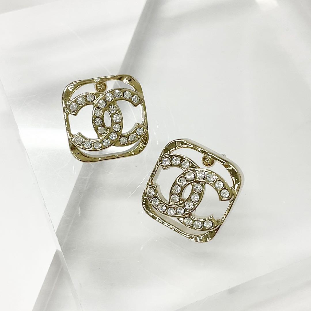 Chanel Earrings CC Logo Rhinestone Square Gold