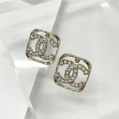 Chanel Earrings CC Logo Rhinestone Square Gold — view 2