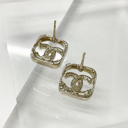 Chanel Earrings CC Logo Rhinestone Square Gold — view 3